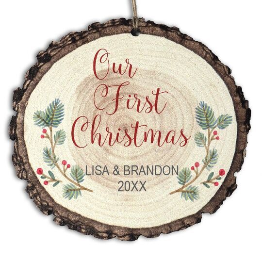 Our First Christmas with Pine Sprigs Faux Wood Ornament